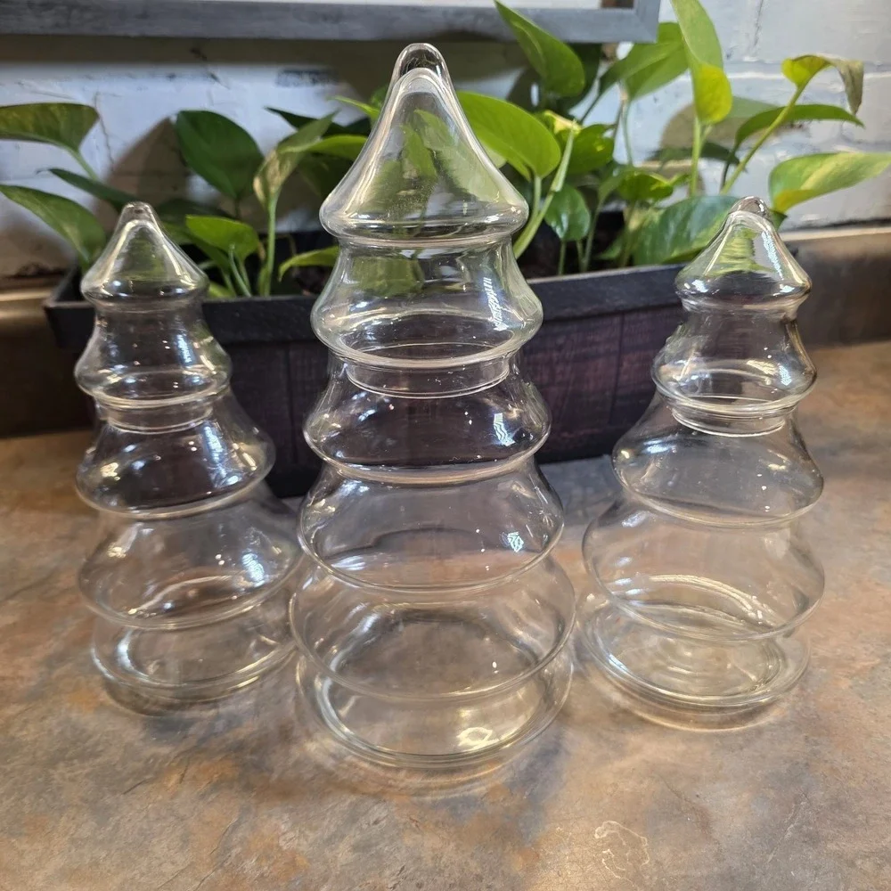 Rare Vintage Libbey Glass Crystal Creations Christmas Tree Jar Complete Set of 3
